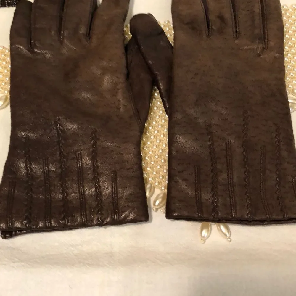 Vintage Faux Leather Ladies Driving Gloves Brown